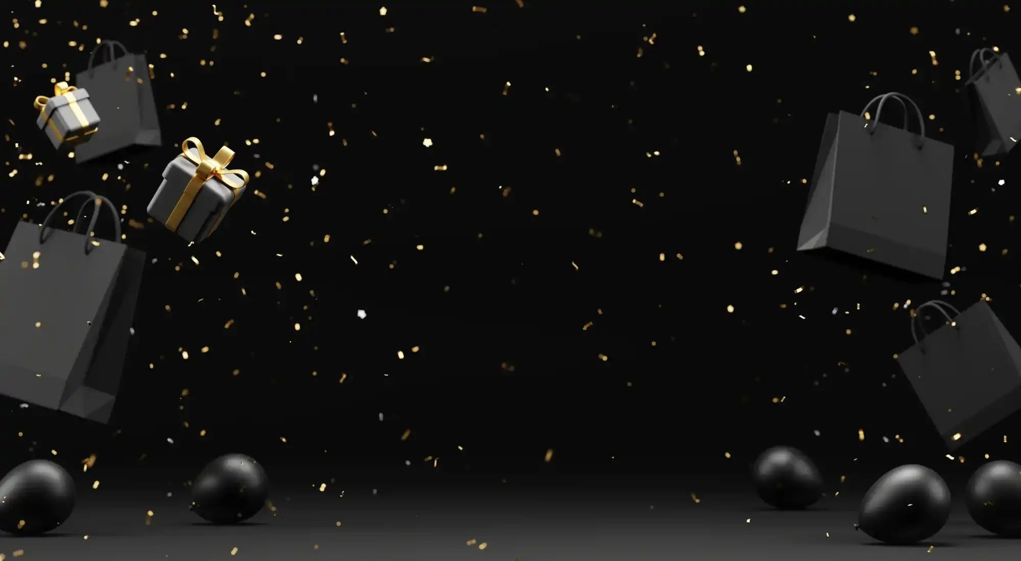 Black gift box with gold ribbon and bow, glossy finish.