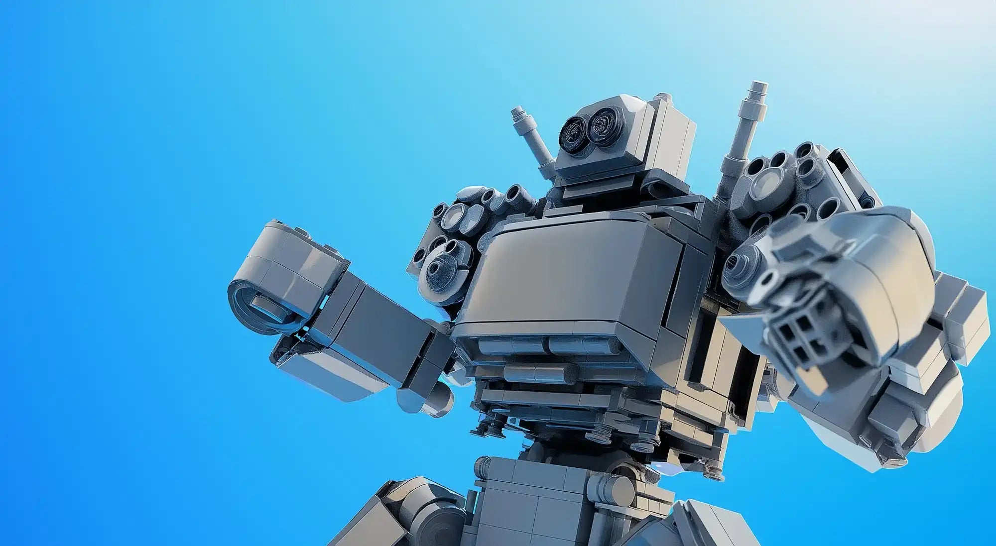 Lego robot model with metallic gray and silver components, intricate design.